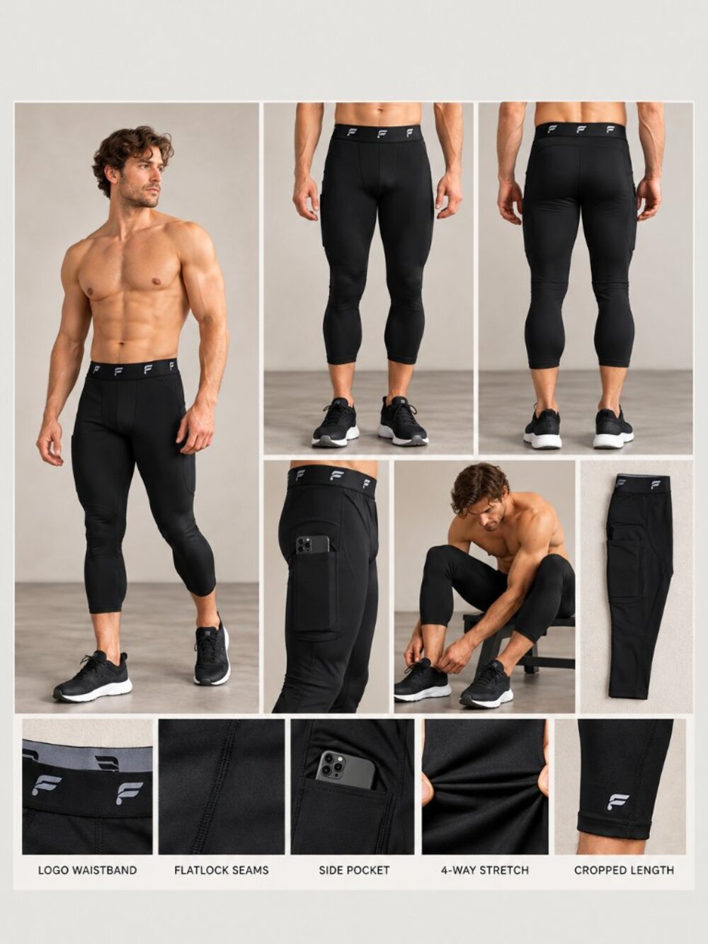 Fabletics Men's Baselayer 3/4 Tight Black Compression Legging Size M